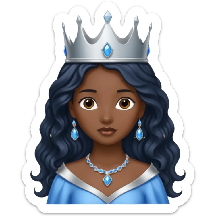 Por favor hazme el emoji de la princesa pero morena con el pelo negro y ondulado y largo, los ojos marrones y la corona plateada con jollas azules sticker