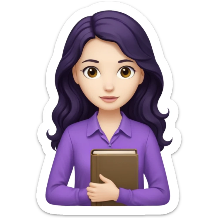 Long Hair Women with Black wavy hair, with purple Book, beige shir, without background sticker