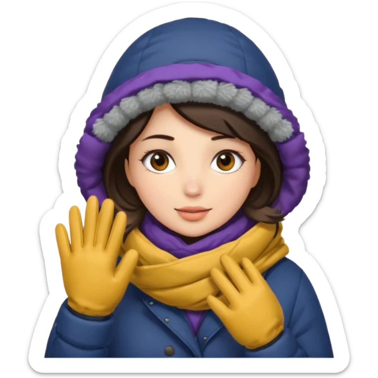 Brunette woman bundled up with parka, hat, scarf, and glvoes. The scarf covers her face  sticker