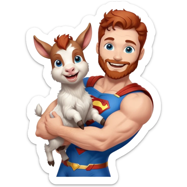 Full body Adult Superman Blue Eyes Scruffy Redish hair and redish trimmed Beard Muscle happy holding a happy laughing blue small goat  sticker
