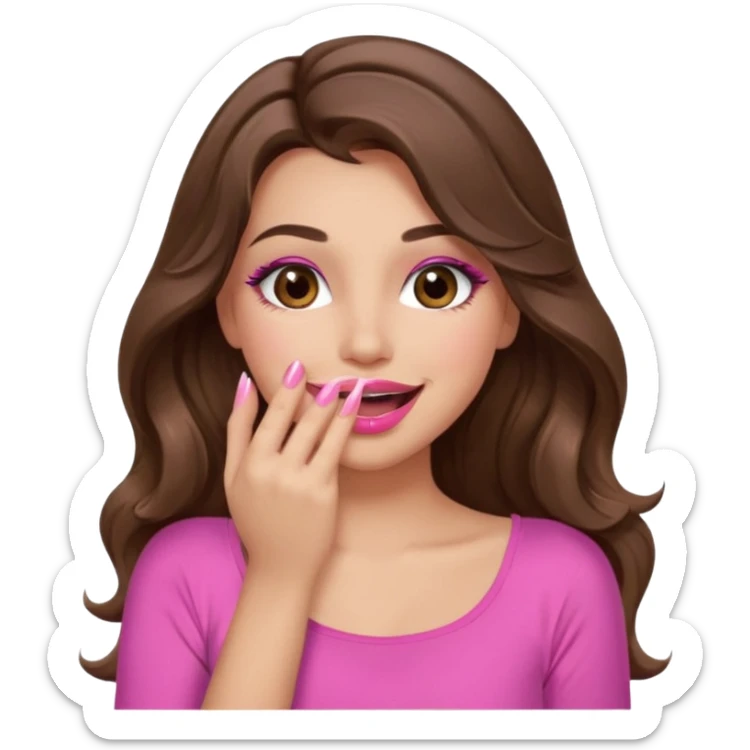 girl with long wavy brown hair, brown eyes, long lashes makeup, pink lips, light to medium complexion, pink sexy top, smiling, hand covering mouth, giggling sticker