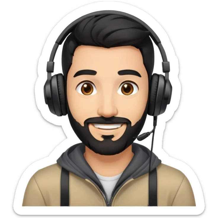 Smiling man with black hair, brown eyes, black beard wearing gaming headphones sticker