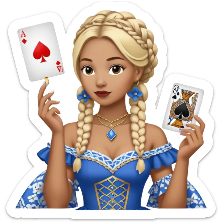A blonde woman with african style braided hair, holding a queen of spades playing card in her hand. She is wearing a blue dress with white flower patterns. sticker