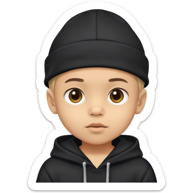 Light skin little boy with a black hat on his head and wearing a black hoodie sticker