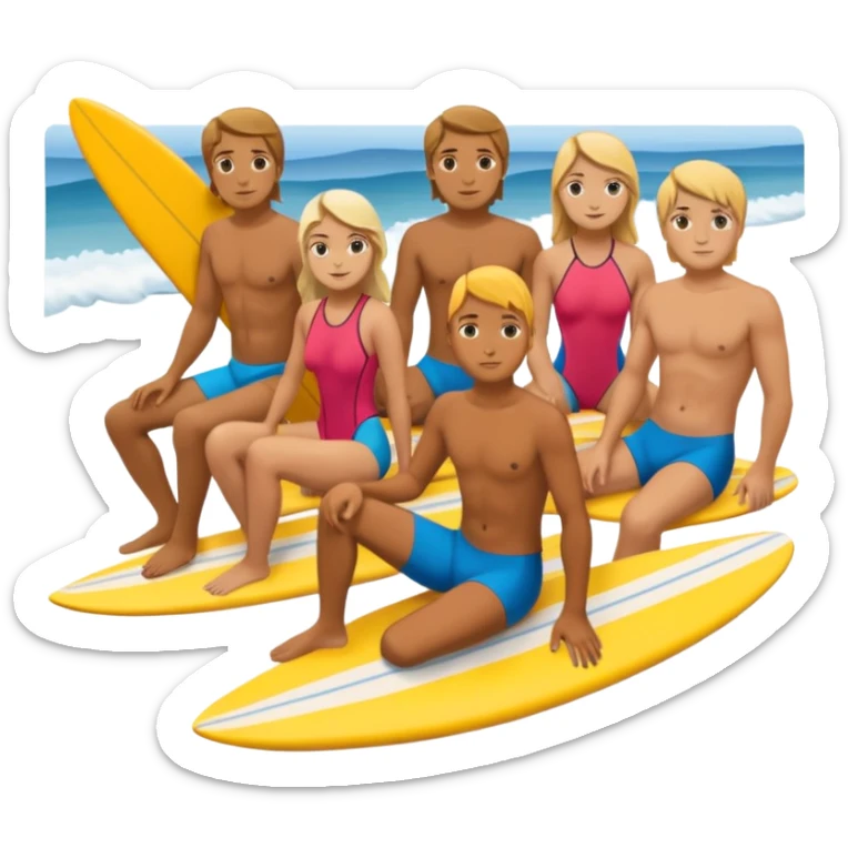 icon of a team of surfers sitting together, looking out at the sea.
 sticker