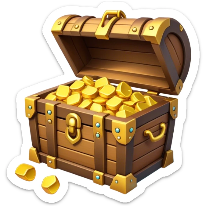Clash of Clans aesthetic: Cinematic Playful Pixel 3D Treasure Chest Emoji, rendered in a 3D vector-style similar to standard emojis with minimal shading and bold, simplified shapes. A compact, distinct form with signature details, softly glowing with a pixelated adventure charm. Simplified yet unmistakably iconic, highly detailed and consistent, glowing with a soft radiance and high shine. Stylized with a touch of classic pixel-art charm and a soft glowing outline, capturing the essence of a beloved gaming relic with a friendly, playful manner! sticker