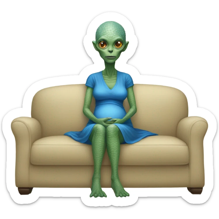 reptilian alien woman in blue dress, pregnant, sitting on beige couch sticker
