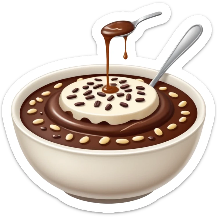 realistic emoji of champorado, showing a bowl with rich chocolate porridge, visible rice grains, and a drizzle of condensed milk, photorealistic details sticker