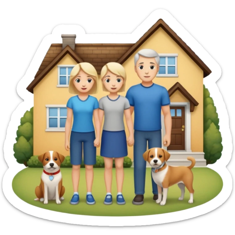 a mom and dad standing in front of a house with their son and a dog next to them sticker