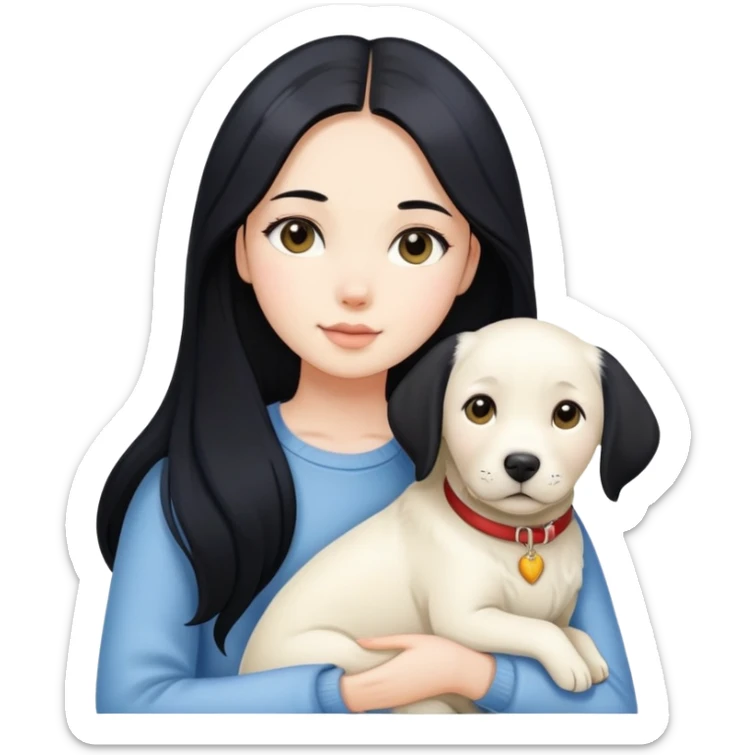 A beautiful girl with long black hair and fair skin is holding a white Labrador sticker