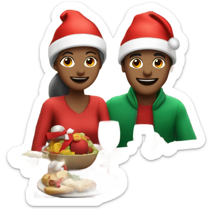Sports emoji couple, man and woman in sportswear, sitting at the New Year's dinner table with a red Christmas hat sticker