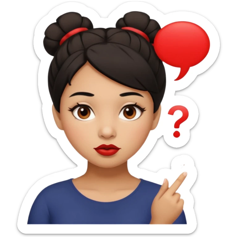 light brown girl, slightly chubby, messy black hair in a bun, red lipstick, light brown eyes, asking a question sticker