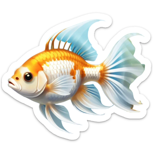 Large aquarium fish like veil tails and lionhead goldfish swimming gracefully in a beautifully decorated aquarium. Colorful aquatic plants, smooth rocks, and gentle bubbles surround the fish. The water shimmers in sunlight, creating a peaceful and vibrant underwater scene. Transparent background. sticker