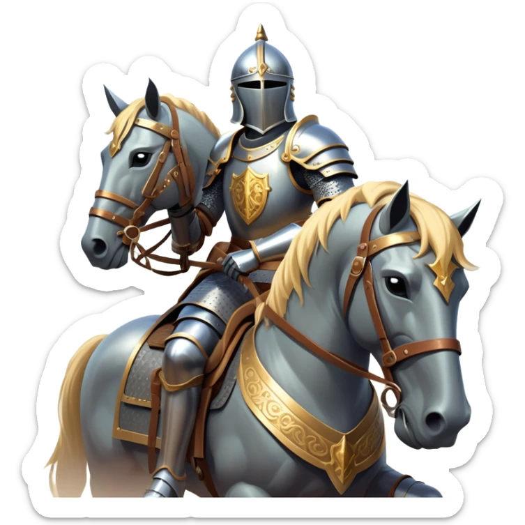 clash-of-clans-aesthetic_-cinematic-fearsome-and-majestic-knight-bust-portrait-emoji, rendered in a flat, vector-style with minimal shading and bold, simplified shapes, depicting a battle-ready medieval knight with steely eyes and intricate armor, mounted on a warhorse reflecting sunlight over a misty battlefield. sticker