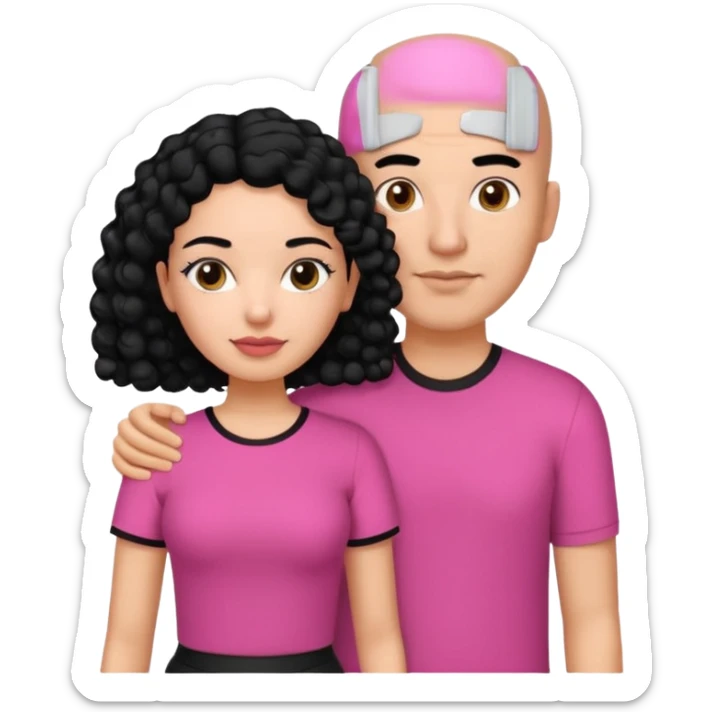 A picture if a couple. the man is a Mexican man with  black hair, a bald hair cut and black shirt on. the woman is mixed with black and white, with curly shoulder length hair and a pink shirt on sticker