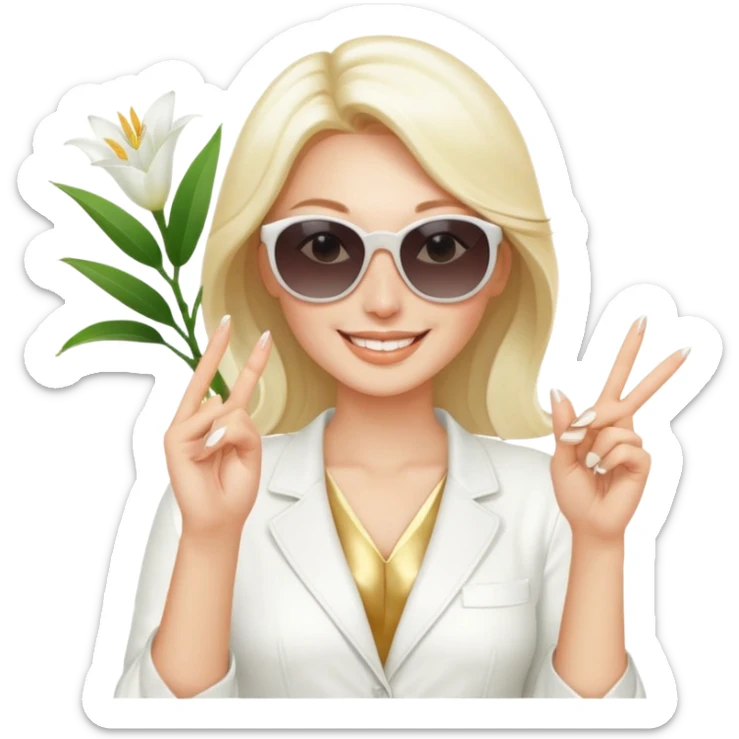 Professional sexy woman smiling holding lilies posing in shades  and flashing peace sign fingers sticker