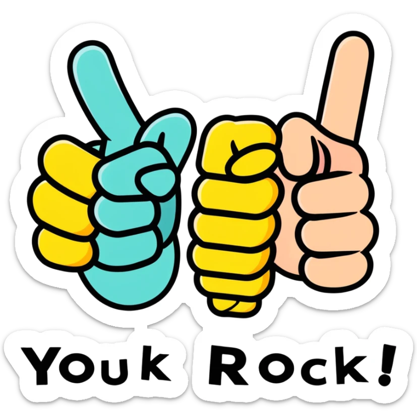 The words “YOU ROCK” stacked on top of eachother with a thumbs up in the middle sticker