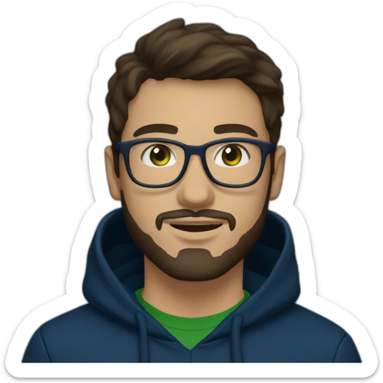 guy 26y.o., white glasses, with a little beard, dark brown hair, dark green eyes in dark blue hoody sticker