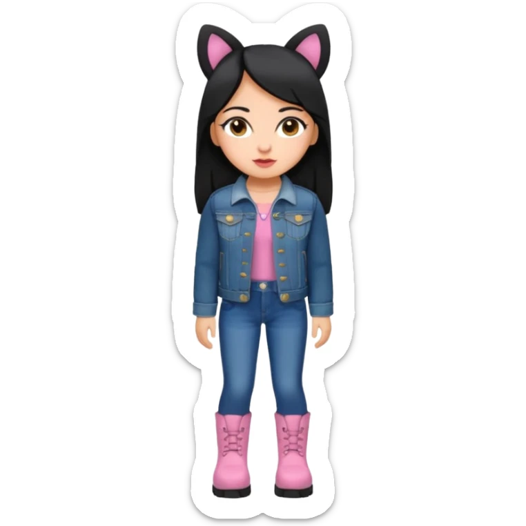 Gordita, ojos pequeños de color cafe oscuro, labios pequeños y rosados, piel trigueña, orejas pequeñas, cabello largo lazio y negro, pequeña. cuerpo completo. vestida con saco jean y botas sticker