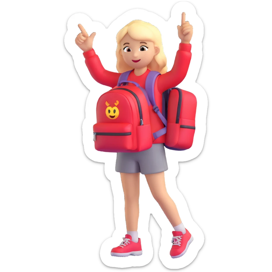 young girl with red backpack, left hand pointing up to the left, emoji style, simple background sticker