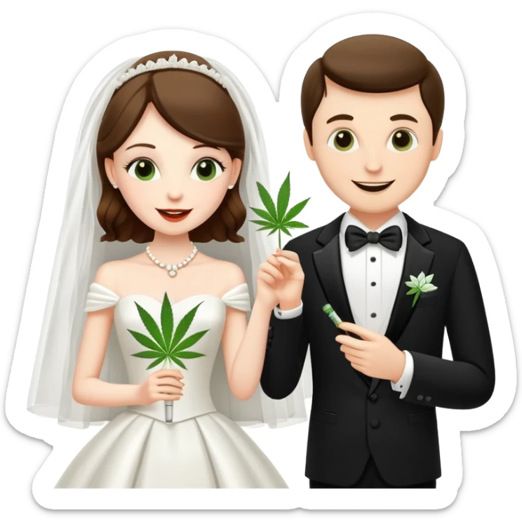 Bride in white dress and groom in tuxedo sharing a cannabis joint, cheerful cartoon wedding couple sticker