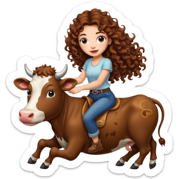 cute woman long curly brown hair tattoos riding gentle cow sticker