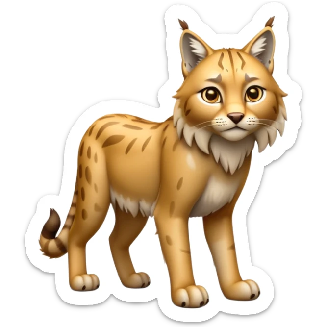 Cinematic-Lynx-Realistic-Full-Body-Standing on all fours-Emoji – head tilted dramatically, sleek golden-brown fur with faint spotting, long legs and large paws poised elegantly, simplified yet realistic focused features, highly detailed, glowing with an almost sarcastic glow. sticker