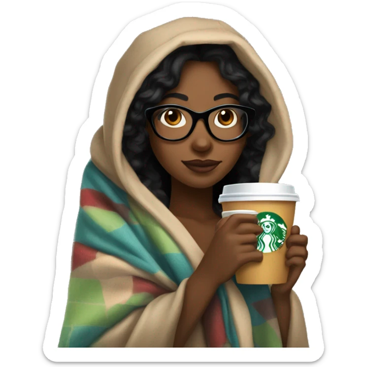 black hair girl with glasses inside a blanket sipping starbucks coffee sticker