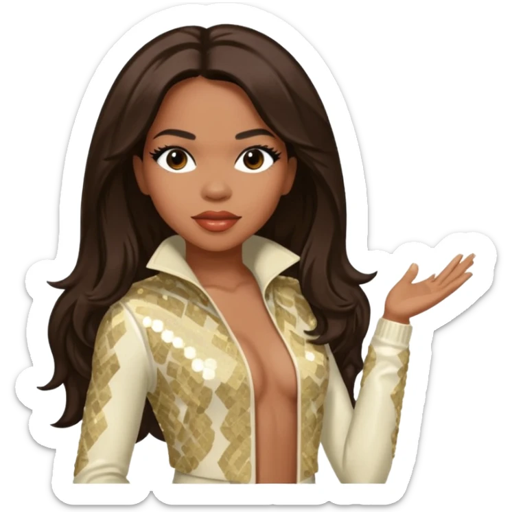 Tenitra Michelle Williams (b.1979) from Destiny's Child with medium dark skin, long dark brown hair, cream sequin outfit sticker