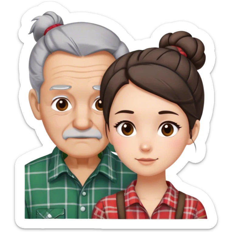 Old man grey hair plaid shirt brunette girl bun sticker