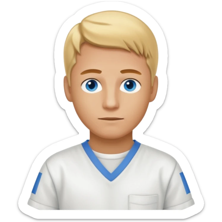 Phillip Morris with golden blonde hair, blue eyes, white inmate outfit sticker