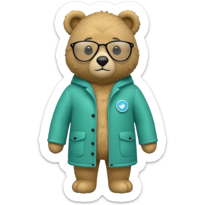 Quiero un emoji que sea un osito como de osito de peluche pero que tengo un abrigo de esos súper cool que son nuevos ahorita que sea verde así azul verdoso que sea superdoso y que sea y que tenga lentes de sol negros y con los bracitos del osito dentro del abrigo sticker