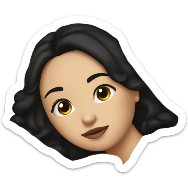 white girl with short black hair laying in a big bed with a beige comforter  sticker