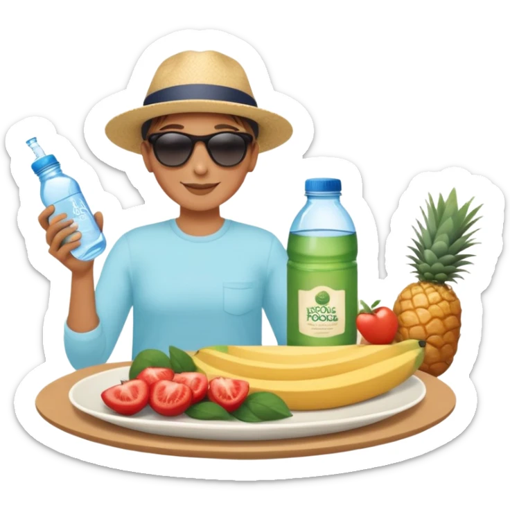 A person under the sun, with a plate of whole foods, water bottle, and glowing bed behind them. Nearby, smiling friends gather—symbolizing balance, healing, and connection through simple daily rituals. sticker