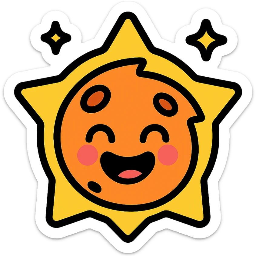 Brawl Stars pin of a smiling meteor with a fame aura, bold outlines, playful expression sticker