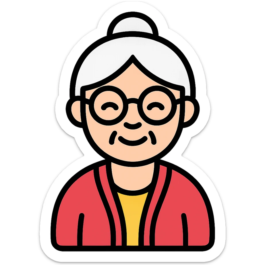 elderly smiling granny who looks like a librarian, glasses, neat hair bun, cardigan sticker