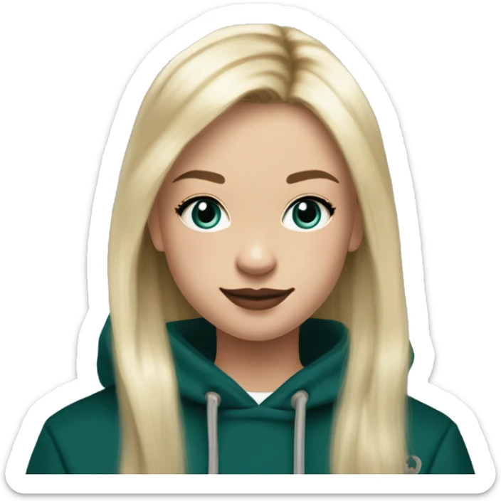 14 year old with long light blonde hair, middle part, chin length curtain bangs, smirking smile, dark teal eyes, long black eyelashes, wears a mulberry hoodie, black leggings, mulberry converse, black pearl earrings, wears a silver cancer sign necklace. sticker