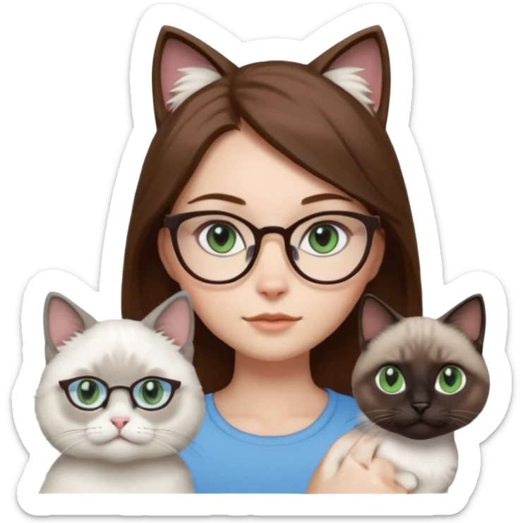 O fata cu parul saten cu ochii griji-albastrii ,ochelari și codițe de pisica ..și langa o pisicuță alba pufoasa ,cu ochii verzi și o a doua pisica siameza pufoasa cu capul maro -negru și coada ,restul corpului un maro deschis spre alb  , ochii albaștrii  sticker