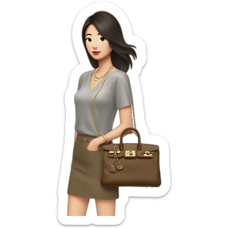 brunette Asian girl with Birkin bag and Chanel necklace sticker