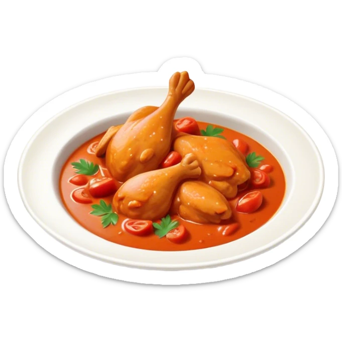 Cinematic Realistic Butter Chicken Dish Emoji, depicted with tender chicken simmered in a creamy tomato‚Äêbased sauce rendered with rich textures and dynamic, appetizing lighting. sticker