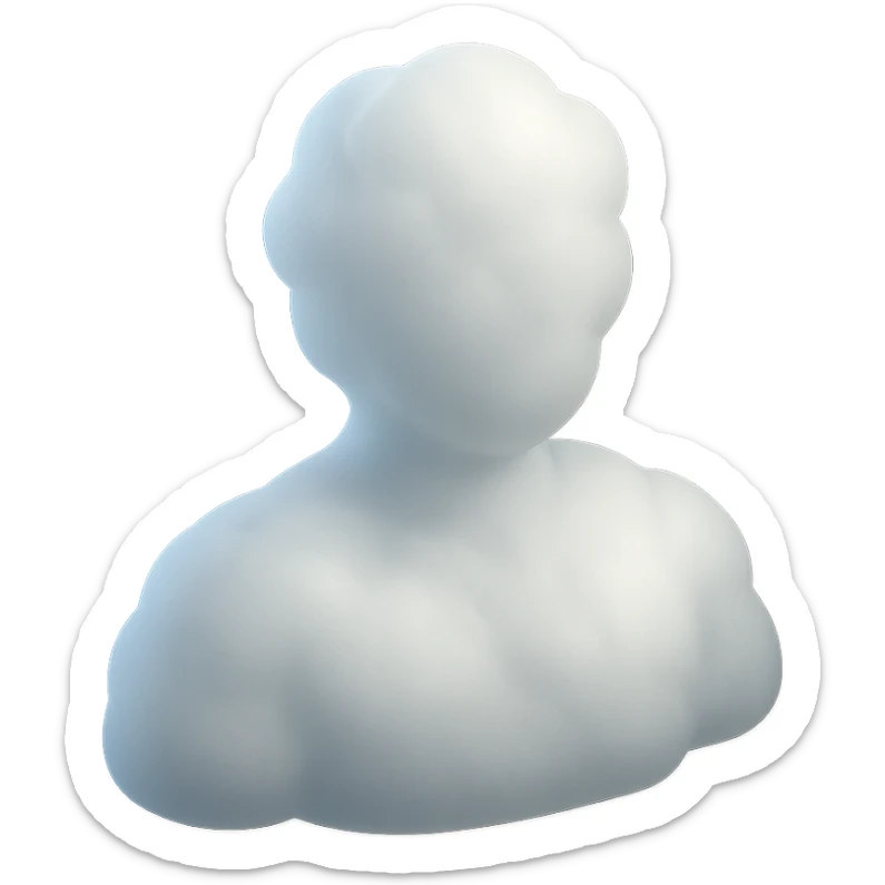 front view of a person made entirely of white fluffy convex clouds, shoulders visible, matte glass style sticker