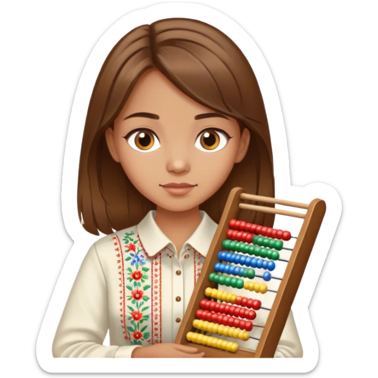 A Ukrainian girl with brown hair in an embroidered shirt holds an Abacus sticker