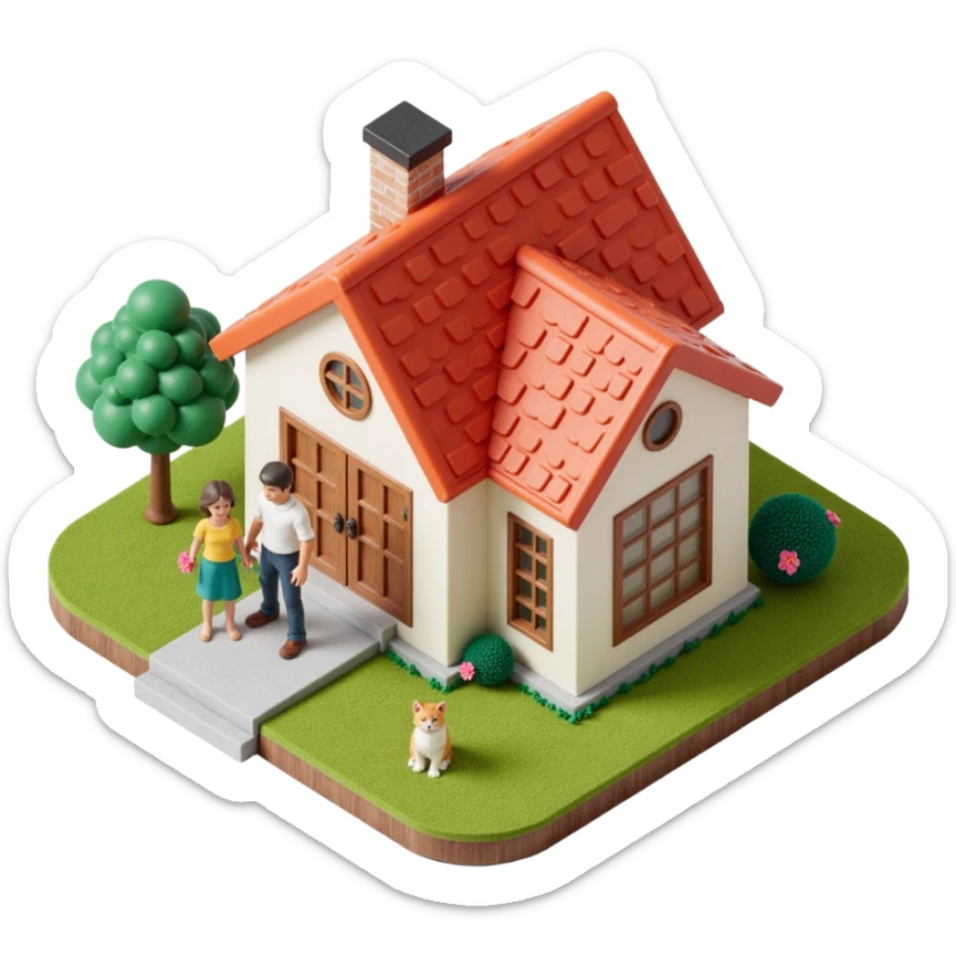 skeuomorphic icon of a modern house with a family (parents, child) and a cat on the porch, glossy and detailed sticker