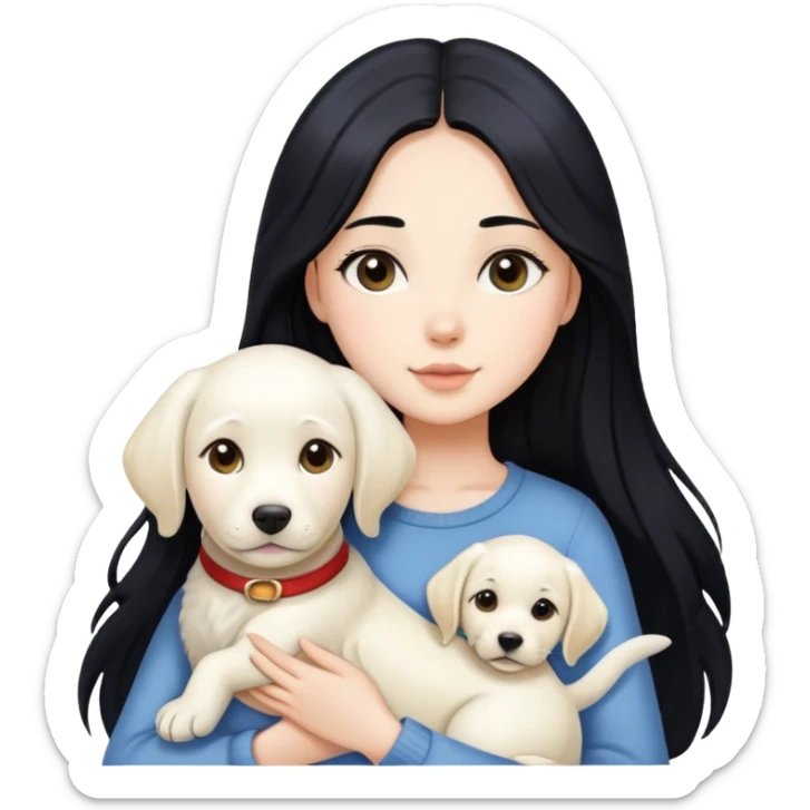 A beautiful girl with long black hair and fair skin is holding a white Labrador sticker