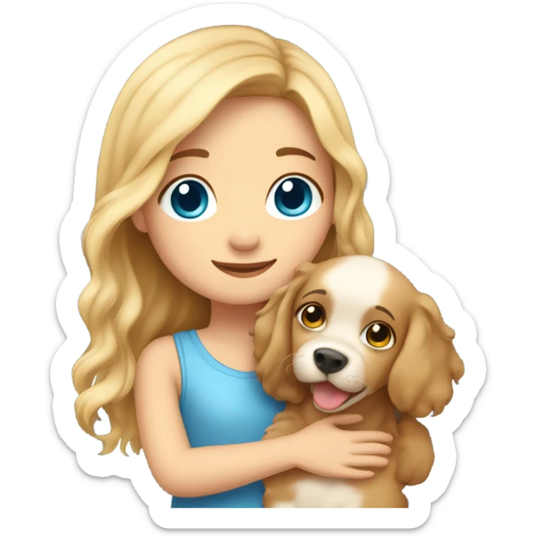 Please create a girl who hugs her pet doggie. The girl has a cute face and so does the doggie. The girl has light skin, blue eyes and light wavy long hair. sticker