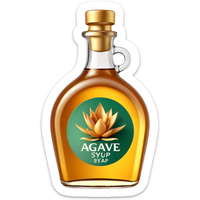 transparent bottle of agave syrup, warm golden-amber, shiny and viscous, curved bottle, plastic flip-top cap gold or green, minimal label, no text, 3D-rendered, clean, soft shadows, natural lighting, transparent background, emoji scale sticker