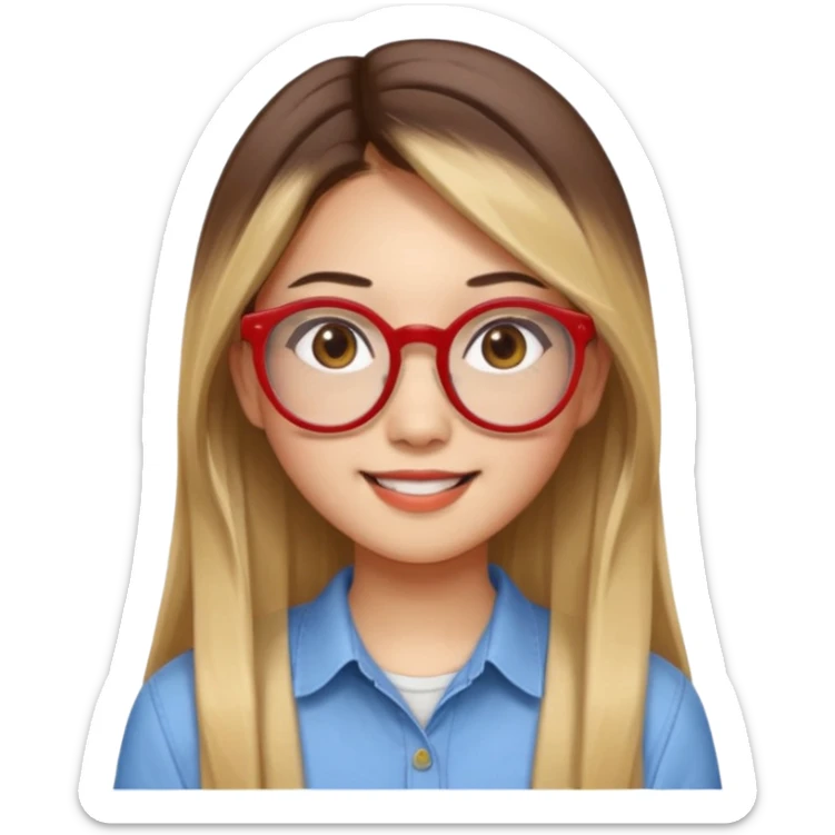 20 yr old asian woman, straight thick long brown hair, blond at ends of hair, center part to hair, big red glasses, brown eyes, casual shirt sticker