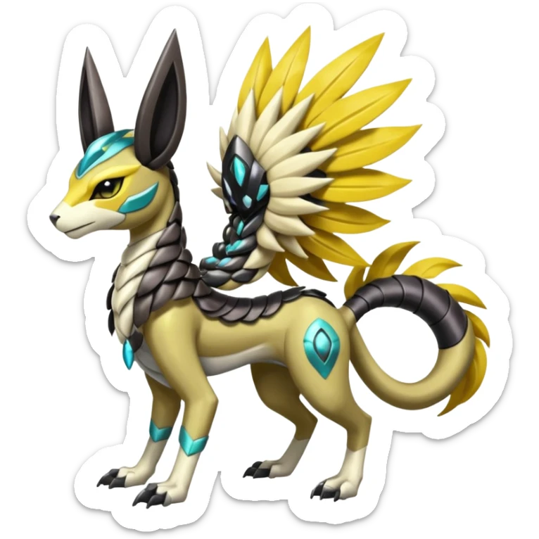 Colorful masked armored leathery scaly furry Futuristic Meloetta-Manectric-Solgaleo-Raikou-Pokémon-Digimon-Fakémon-fusion-hybrid-creature sticker