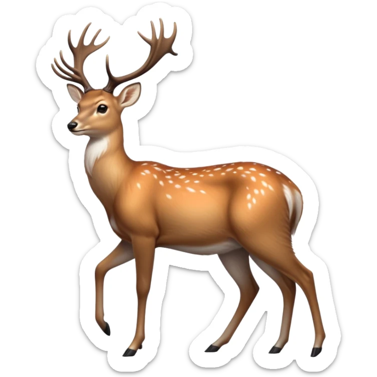 cinematic-noble [deer]-realistic-full-body-standing on all fours-emoji,-tail-tucked-close,-head-tilted-dramatically,-sleek-[fawn]-fur,-simplified-yet-realistic-focused-features,-highly-detailed,-glowing-with-an-almost-sarcastic-glow big antlers sticker