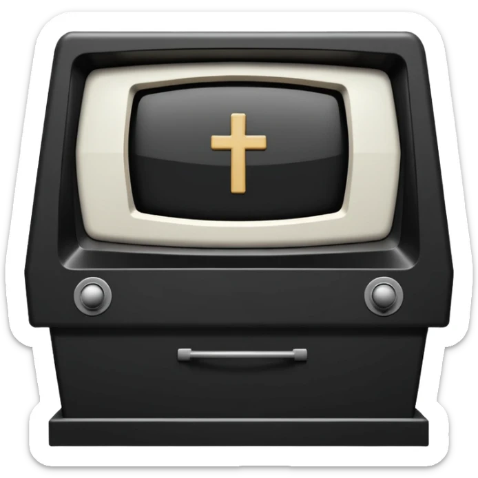 Minimalist emoji-style sticker of a CRT TV in the shape of a coffin, with a cross or static noise on the screen. Desaturated design.  sticker